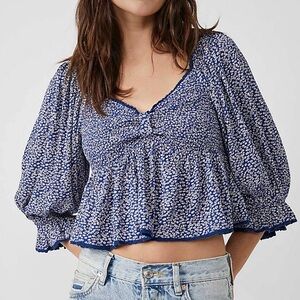 Free People Blue Floral Smocked Bodice Brittnee Printed Top Flounce Hem Shirt